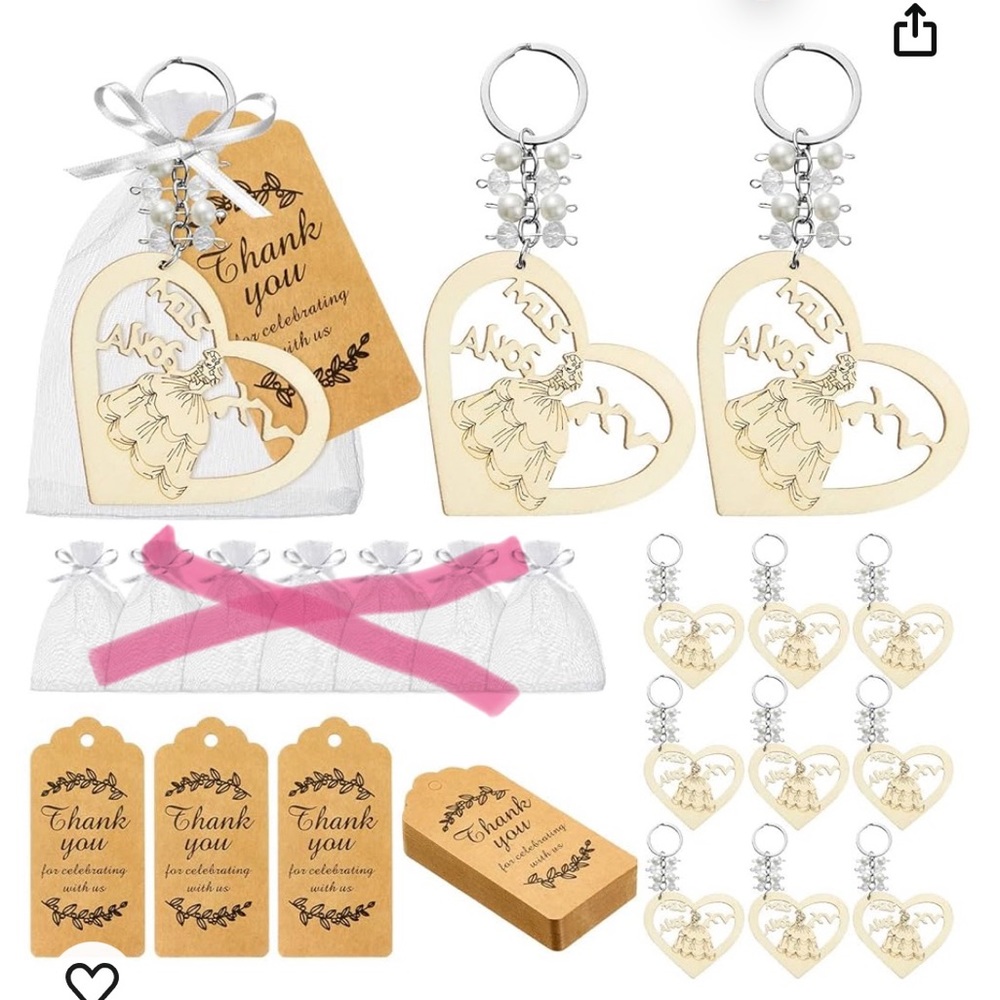 MIS XV, 50Sets Wooden Heart Shape Keychain Quinceañera Recuerdos Favors